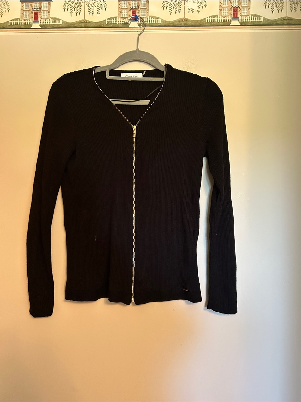 Calvin Klein Black Ribbed Zip Cardigan with Gold Zipper in VG condition size S